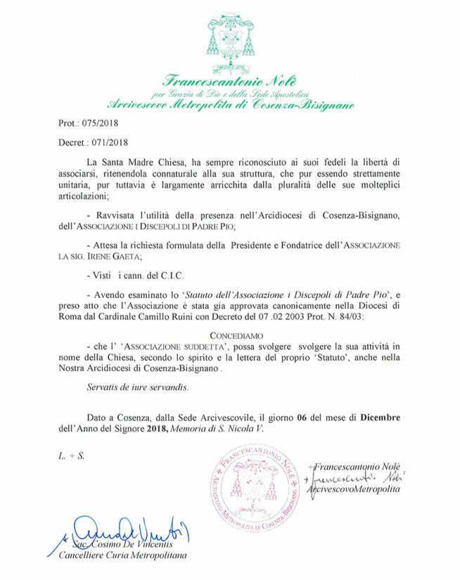 RICONOSCIMENTO ASSOCIAZIONE 'I DISCEPOLI DI P. PIO' DALL' ARCIDIOCESI COSENZA BISIGNANO 06.12.2018